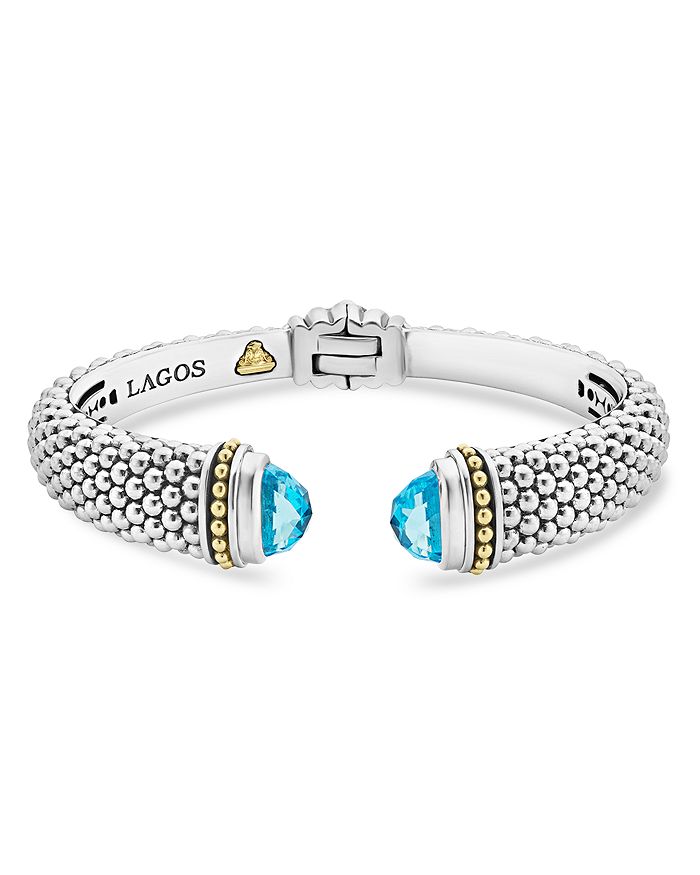 Shop Lagos 18k Gold And Sterling Silver Caviar Color Blue Topaz Cuff, 12mm In Blue/silver