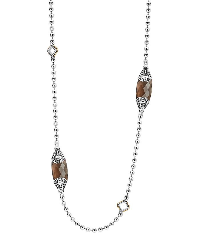 LAGOS 18K GOLD AND STERLING SILVER CAVIAR COLOR STATION NECKLACE WITH SMOKY QUARTZ, 34,04-80956-ST34