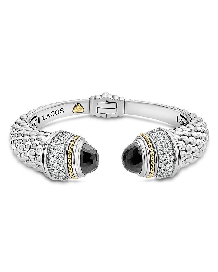 LAGOS STERLING SILVER & 18K YELLOW GOLD CAVIAR CUFF WITH DIAMONDS & BLACK SPINEL,05-81254-YYL