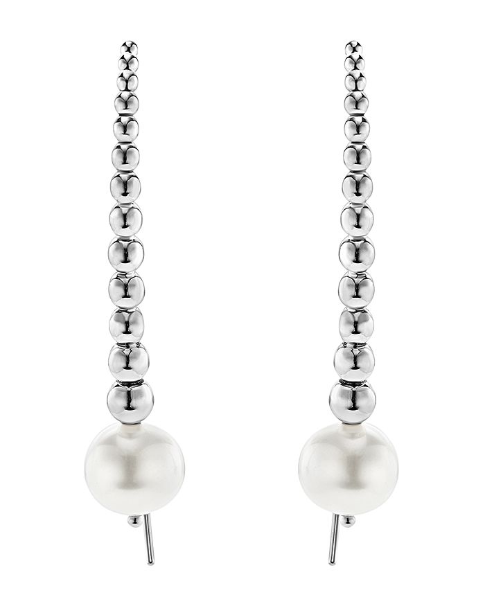 Shop Lagos Sterling Silver Signature Caviar Cultured Freshwater Pearl Linear Drop Earrings In White/silver