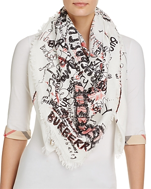 Burberry Sketchbook Texture Square Scarf In White/black/bright Red