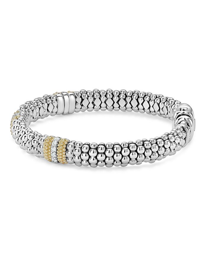 Shop Lagos 18k Gold & Sterling Silver Diamond Lux Three Station Bracelet, 9mm In White/silver