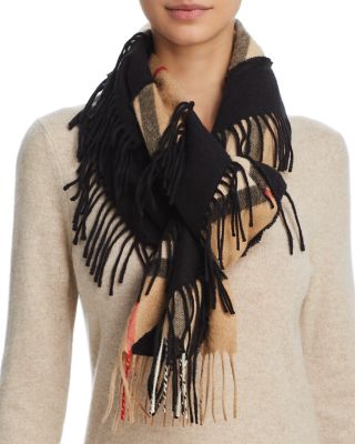 burberry fringed check wool scarf