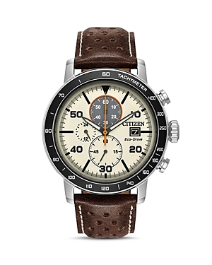Men's Leather Strap Watch, 44mm