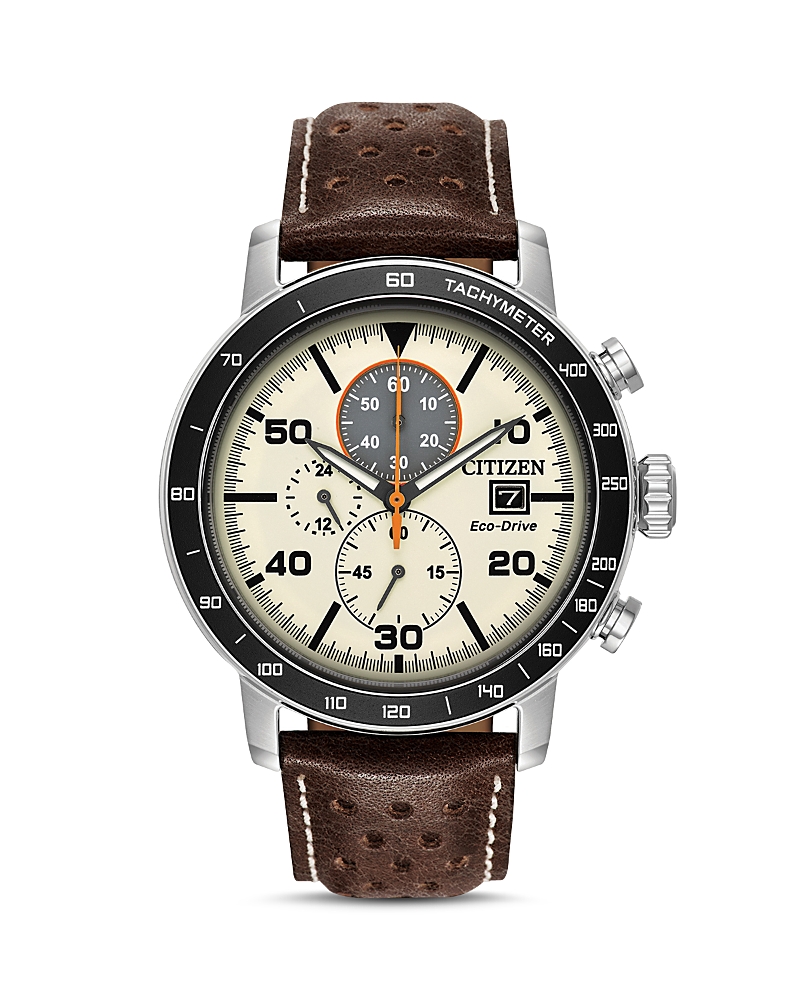 Citizen Eco-drive Men's Chronograph Brown Leather Strap Watch 44mm In Ivory/brown