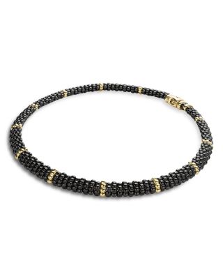 Gold & Black Caviar Collection 18K Gold & Ceramic Twelve Station Collar Necklace, 16"