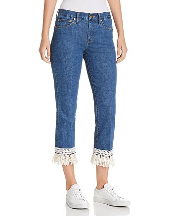 Tory Burch Connor Fringe-Trimmed Straight Crop Jeans in Stonewash ...