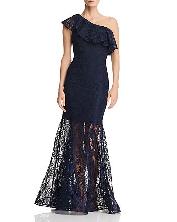 avery g one shoulder ruffle gown