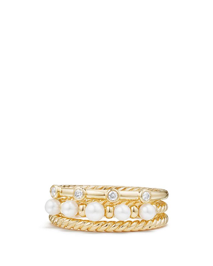 David Yurman Petite Perle Narrow Multi Row Ring With Cultured Freshwater Pearls And Diamonds In 18k Gold In White/gold