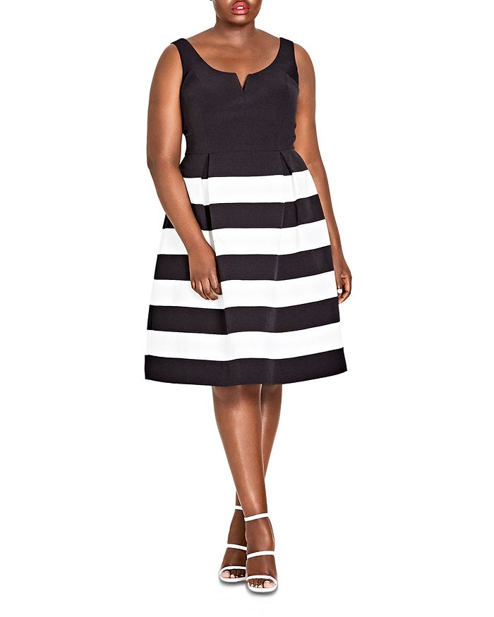 City Chic Plus Fair Lady Striped Fit-and-flare Dress In Black