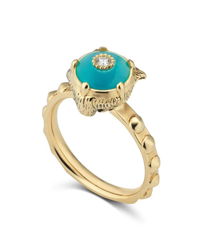 GUCCI 18K Yellow Gold Le Marché Des Merveilles Turquoise & Diamond Feline Head Ring,YBC502868003014