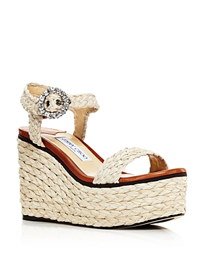 JIMMY CHOO WOMEN'S NYLAH 100 BRAIDED RAFFIA WEDGE SANDALS,J000101767