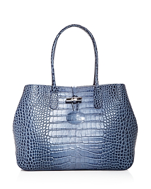 Longchamp Roseau Croc Embossed Leather Crossbody Bag Blue for sale