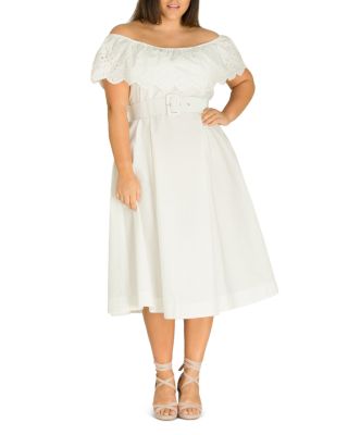 City Chic Plus - Belted Off-the-Shoulder Midi Eyelet Dress