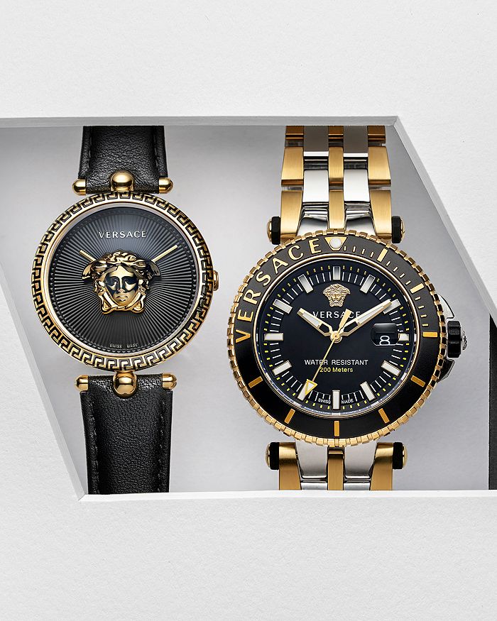 Versace Palazzo Stainless Steel & Leather-strap Watch In Black/ Gold