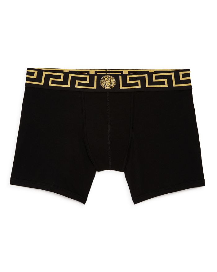 Versace Iconic Slim-fit Branded Stretch-cotton Trunks In Black/gold