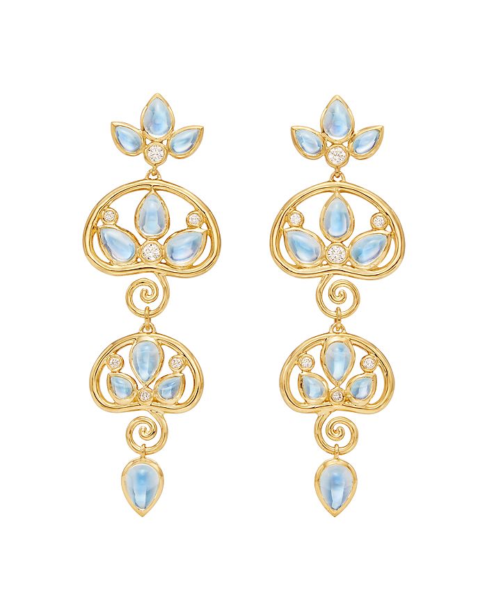 Temple St Clair 18k Yellow Gold Perse Moon Blue Moonstone & Diamond Double Drop Earrings In White/gold
