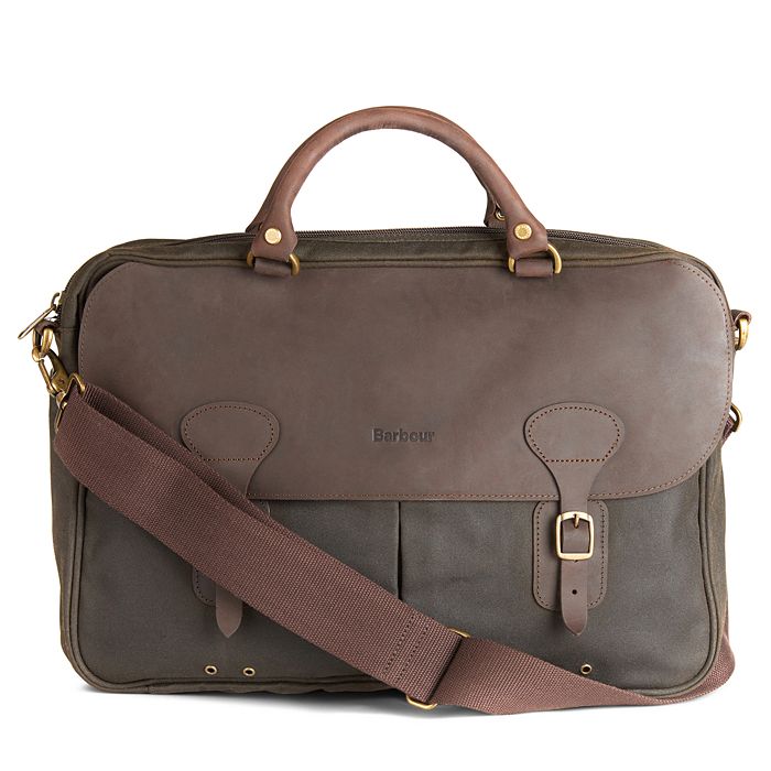 Shop Barbour Waxed Cotton & Leather Briefcase In Olive
