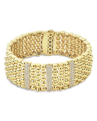 LAGOS - 18K Yellow Gold Caviar Three Pav&eacute; Diamond Station Statement Bracelet
