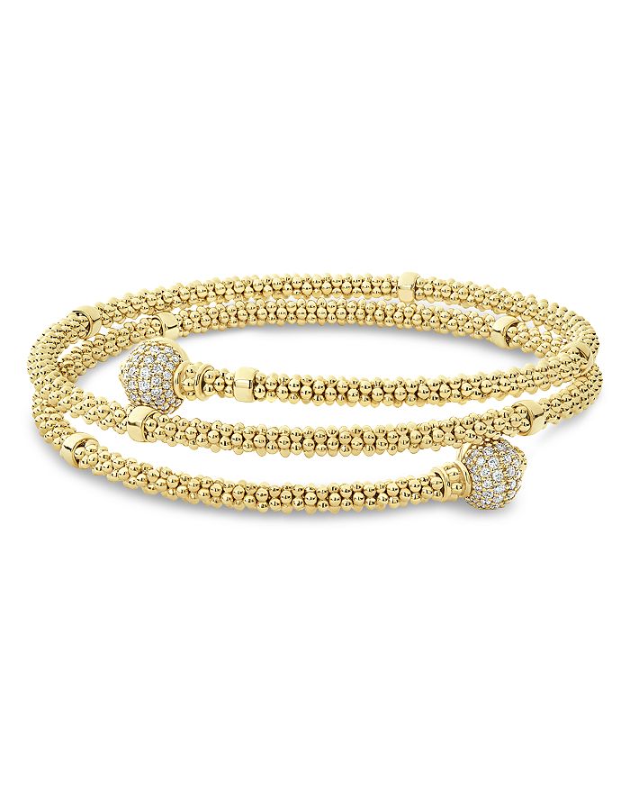 Shop Lagos 18k Yellow Gold Caviar Pave Diamond End Cap Coil Bracelet In White/gold