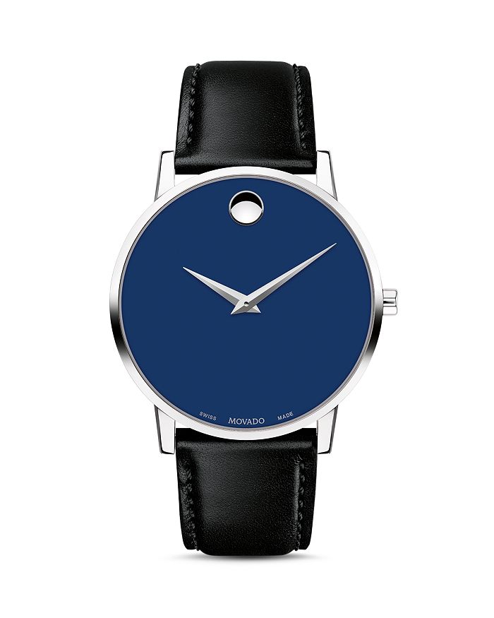 MOVADO MUSEUM CLASSIC BLUE DIAL LEATHER STRAP WATCH, 40MM,0607270