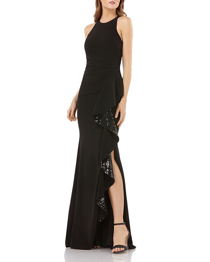 Carmen Marc Valvo SEQUINED RUFFLE CREPE GOWN