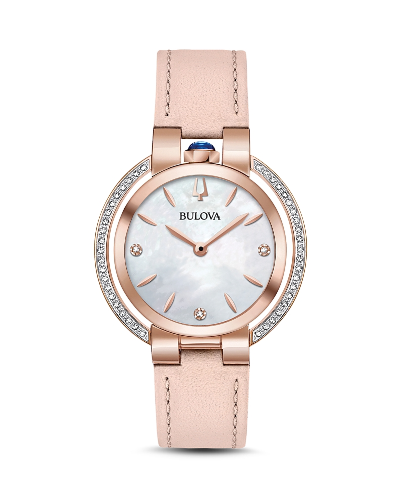 Bulova Women's Rose Goldtone Stainless Steel, White Mother-of-pearl & Diamond Leather-strap Watch In White/pink