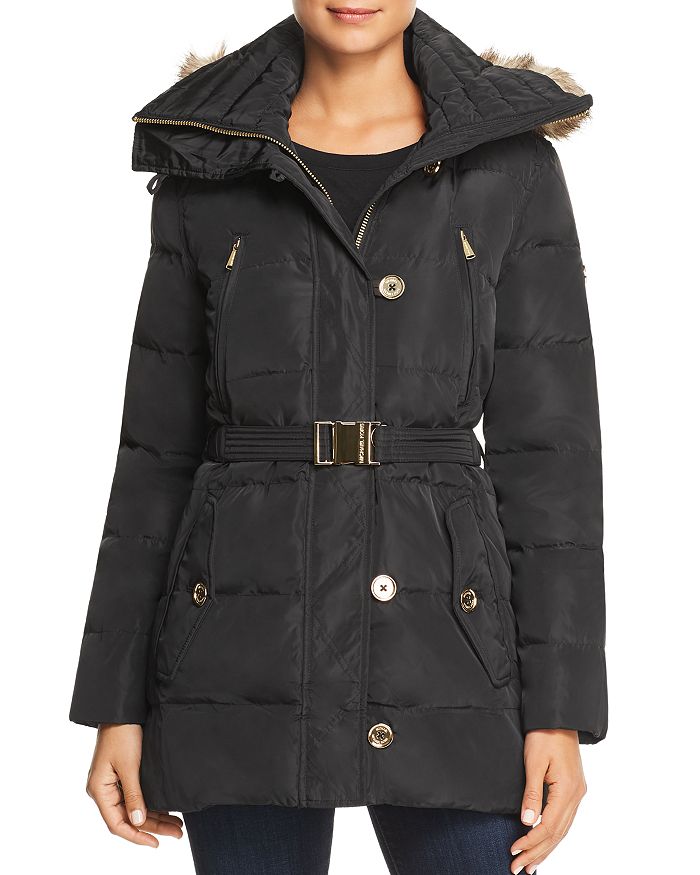 Michael Michael Kors Belted Button-front Puffer Coat In Black | ModeSens
