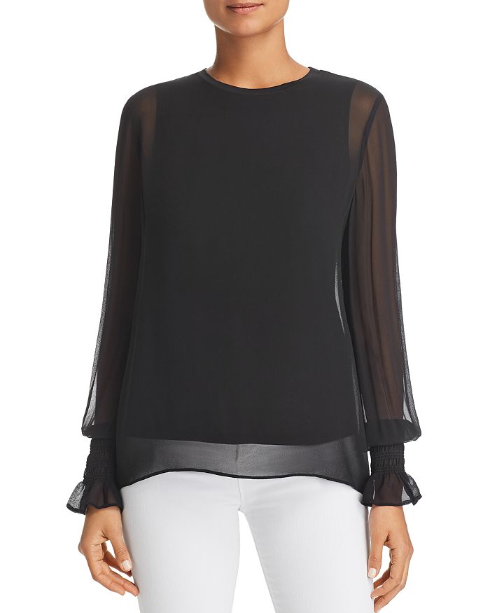 Go By Go Silk Semi-sheer Smocked Sleeve Blouse In Washed Black