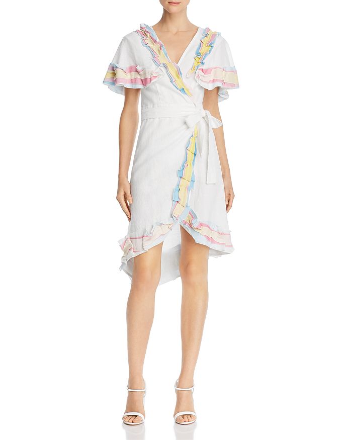 A Mere Co Rainbow Ruffle Wrap Dress In White/multi Ombre