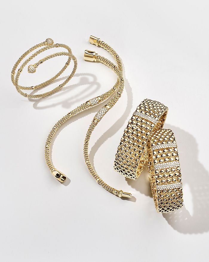 Shop Lagos 18k Yellow Gold Caviar Pave Diamond End Cap Coil Bracelet In White/gold