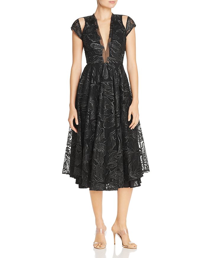 SAU LEE Alyssa Embroidered Mesh Fit-and-Flare Midi Dress | Bloomingdale's