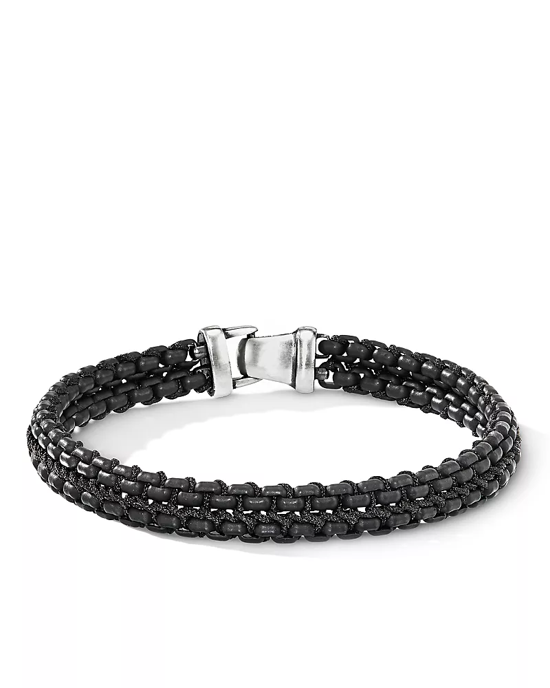 David Yurman Men's Woven Box Chain Bracelet in Sterling Silver with Black Stainless Steel and Black Nylon, 10mm
