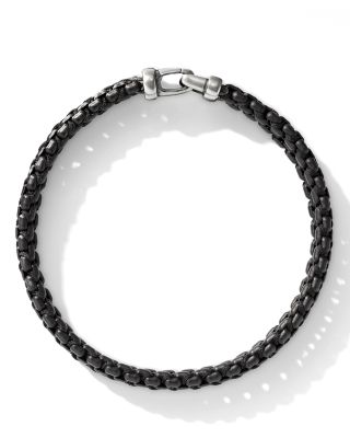 Men&#39;s Woven Box Chain Bracelet in Sterling Silver with Black Stainless Steel and Black Nylon, 10mm