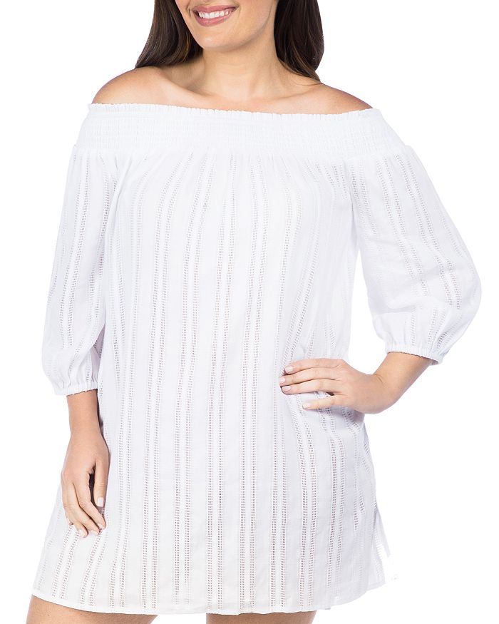Lauren Ralph Lauren Plus Size Off-The-Shoulder Dress - White Stripe