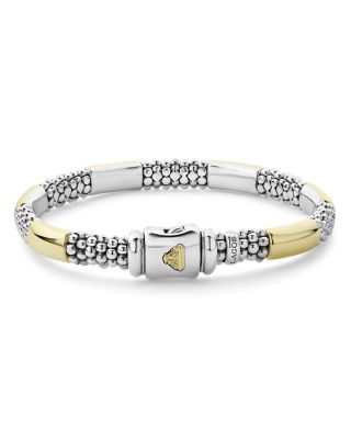 18K Yellow Gold & Sterling Silver High Bar Station Bangle Bracelet