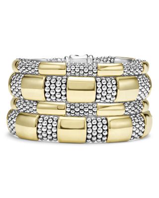 18K Yellow Gold & Sterling Silver High Bar Station Bangle Bracelet