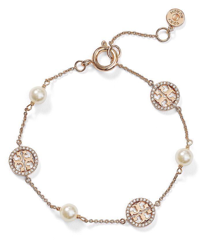 TORY BURCH CRYSTAL LOGO & SIMULATED PEARL STATION BRACELET,53418