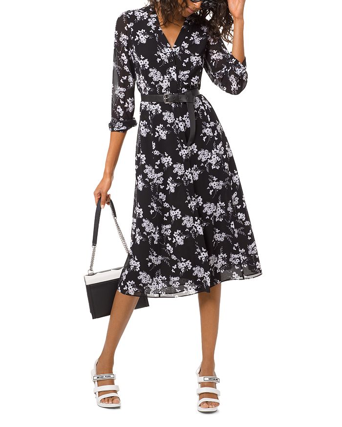 Michael Michael Kors Floral Print Midi Dress In Black White Modesens