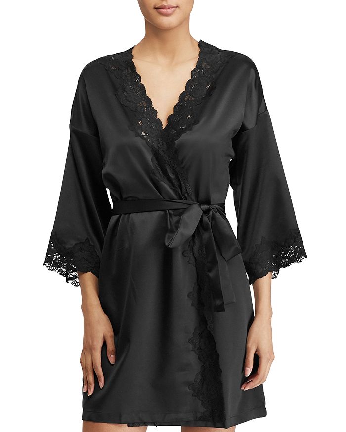 Ralph Lauren Signature Collection Satin Wrap Robe In Black