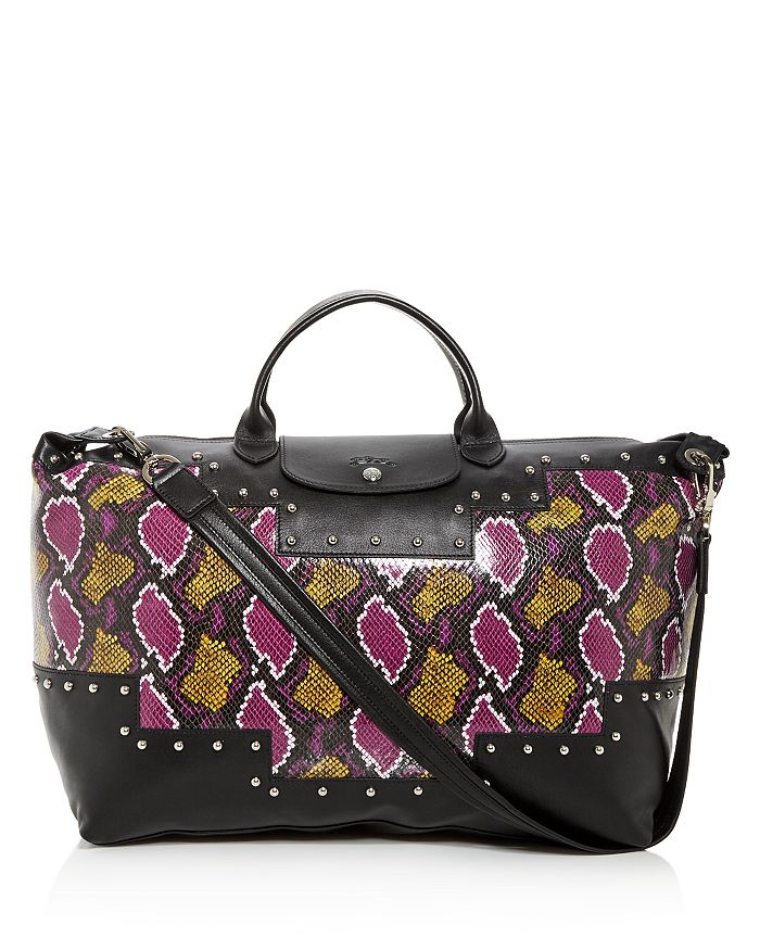 Longchamp Le Pliage Python-embossed Leather Duffel Bag In Violet/gunmetal