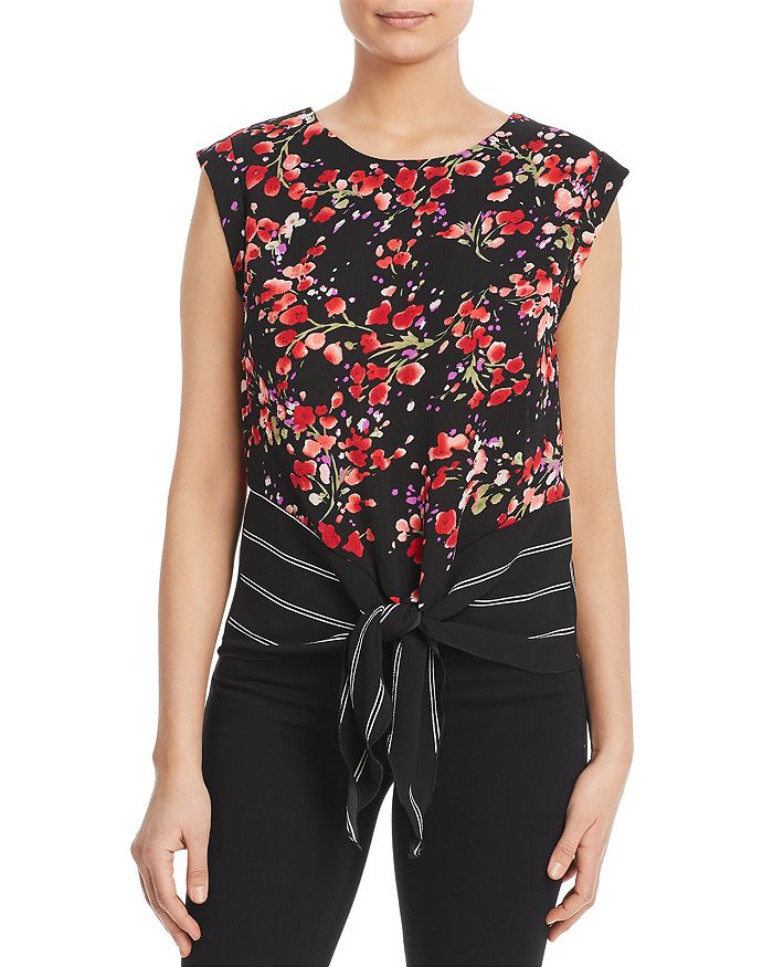 Kim & Cami Sleeveless Printed Tie-front Top In Black/red