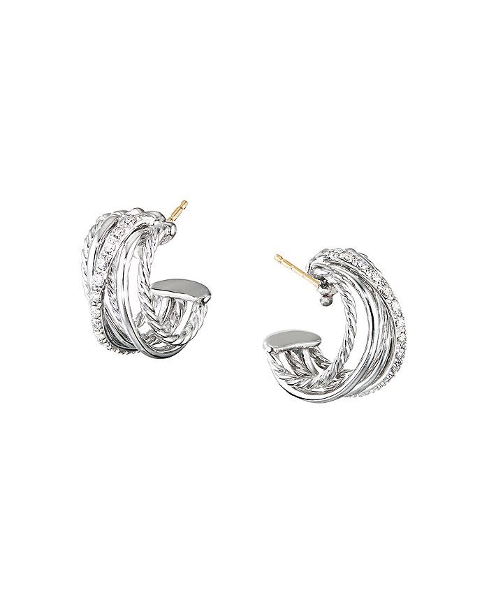 David Yurman - Sterling Silver Crossover Huggie Hoop Earrings with Diamonds