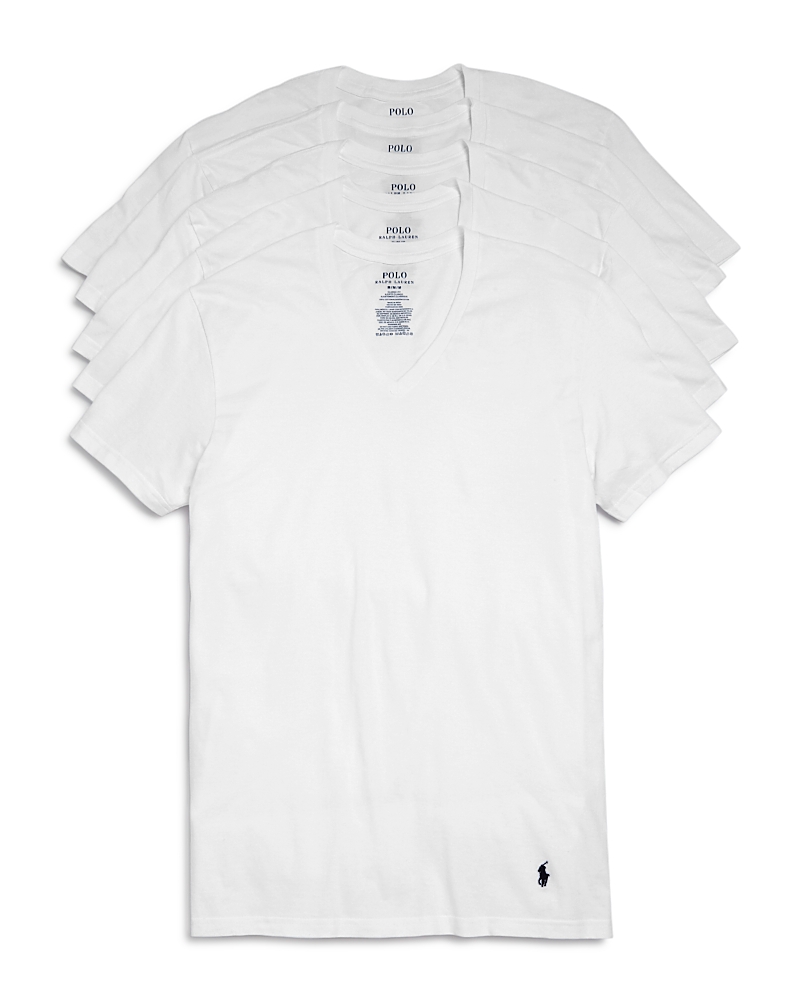 Polo Ralph Lauren Cotton Solid Classic Fit V Neck Undershirts, Pack Of 5 In White