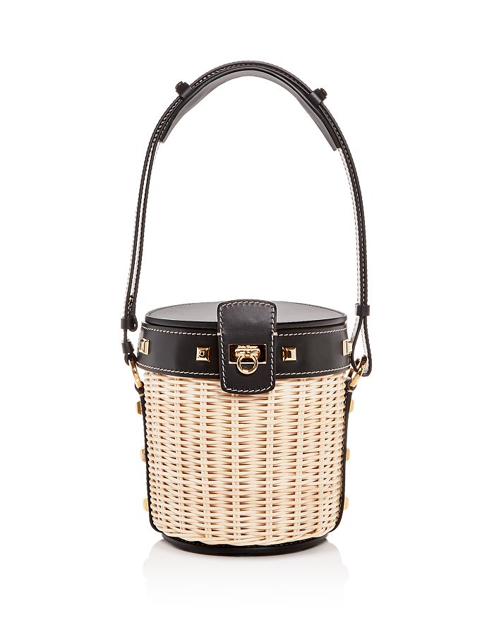Ferragamo Small Wicker Bucket Bag In Nero Black/gold