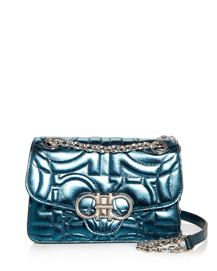 Ferragamo Gancini-quilted Leather Shoulder Bag In Deep Sky/nero Blue/silver