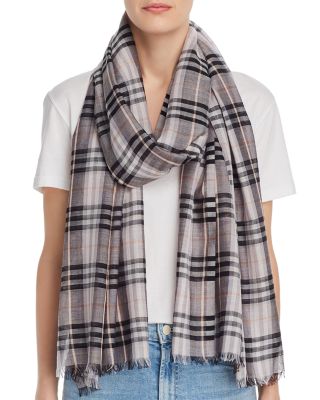 Lightweight Cashmere, Silk and Wool Grey Plaid Scarf.