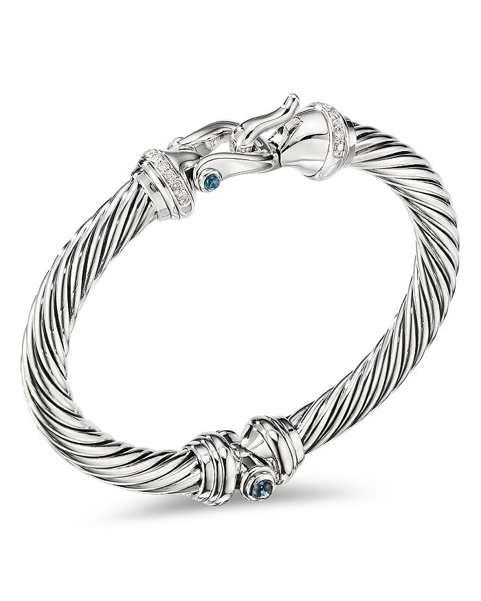 Shop David Yurman Sterling Silver Cable Buckle Bracelet With Hampton Blue Topaz & Diamonds In Blue/silver