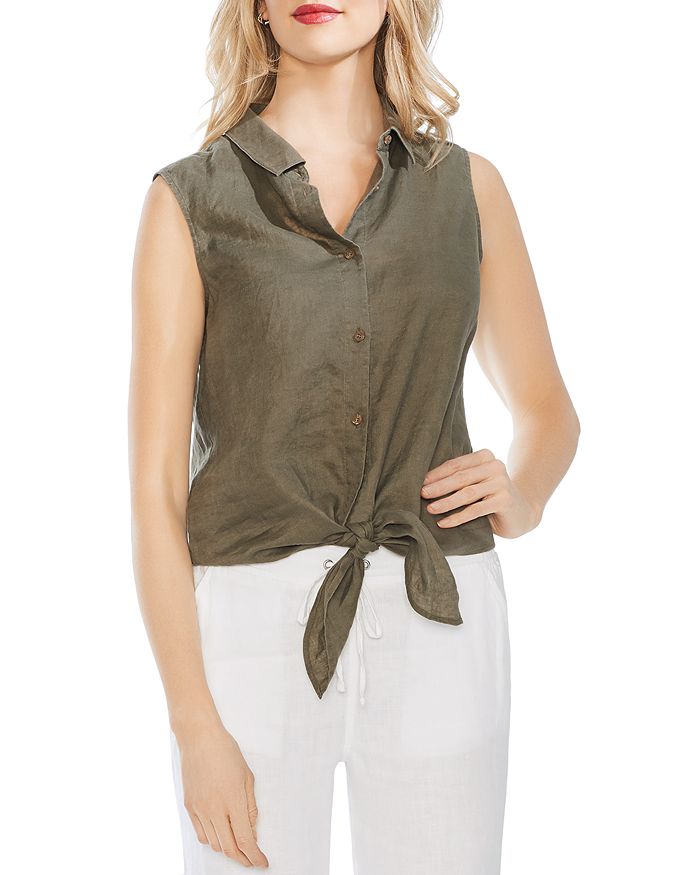 VINCE CAMUTO - Sleeveless Tie-Front Linen Shirt