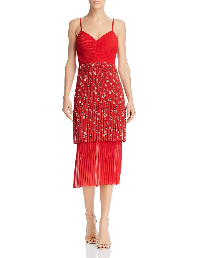 Fame And Partners Tiered Pleated Midi Dress In Daisy Cherry Red